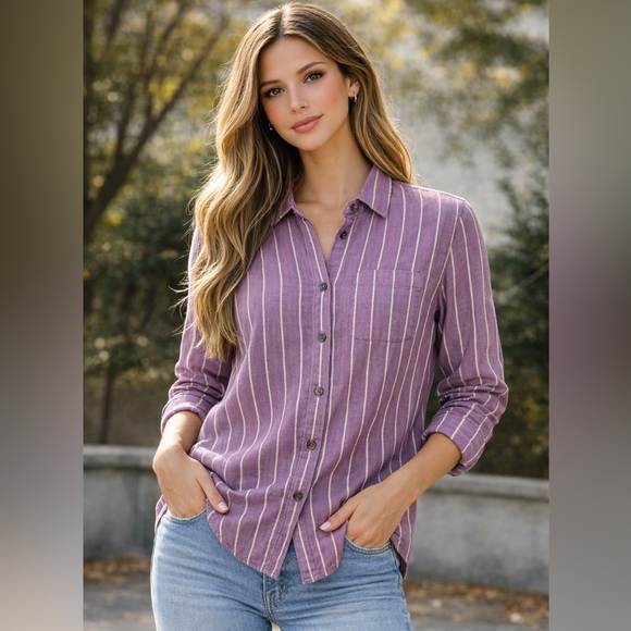 American Eagle Outfitters Tops - American Eagle Outfitters Burgundy Striped Button-Down Shirt